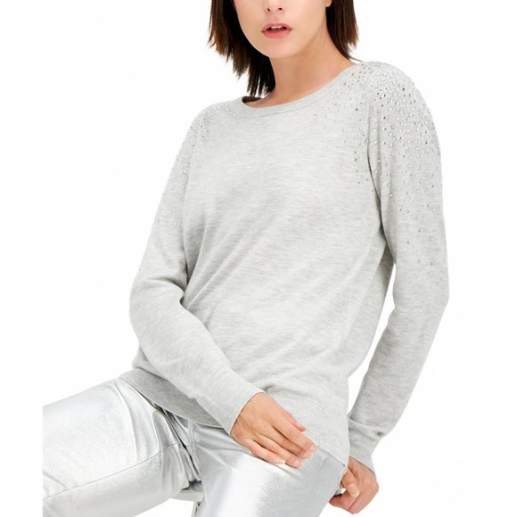 INC Sweater Womens Rhinestone Embellished Shoulder Pullover Sweater Heather Gray - Picture 1 of 8